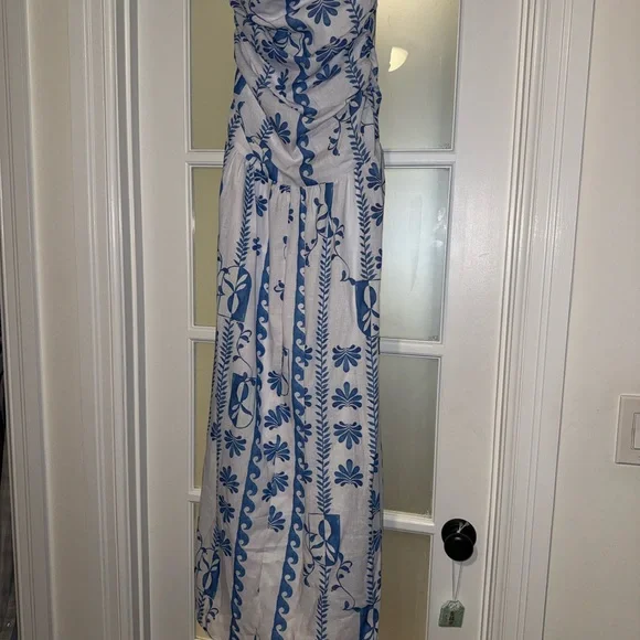 Peppermayo Carmel White Strapless Maxi Dress with Blue Floral Print - Picture 3 of 4